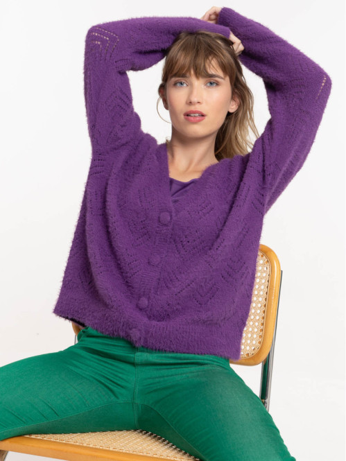Gilet col V boutonné pur violet femme