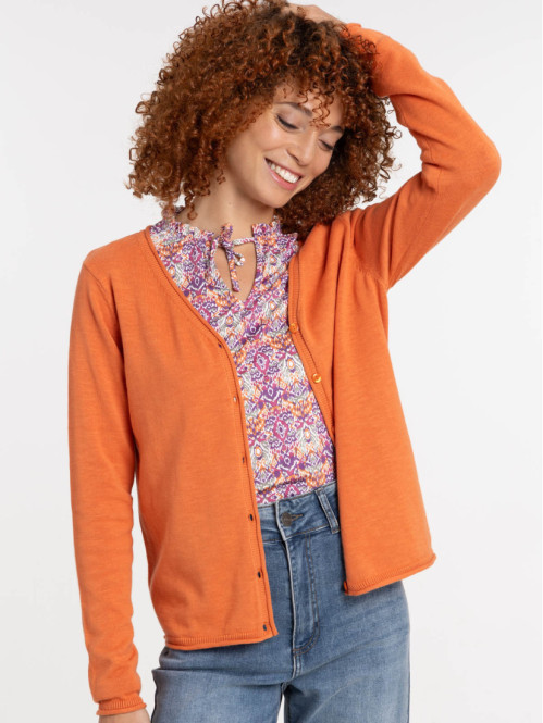 Gilet col V orange grisé femme