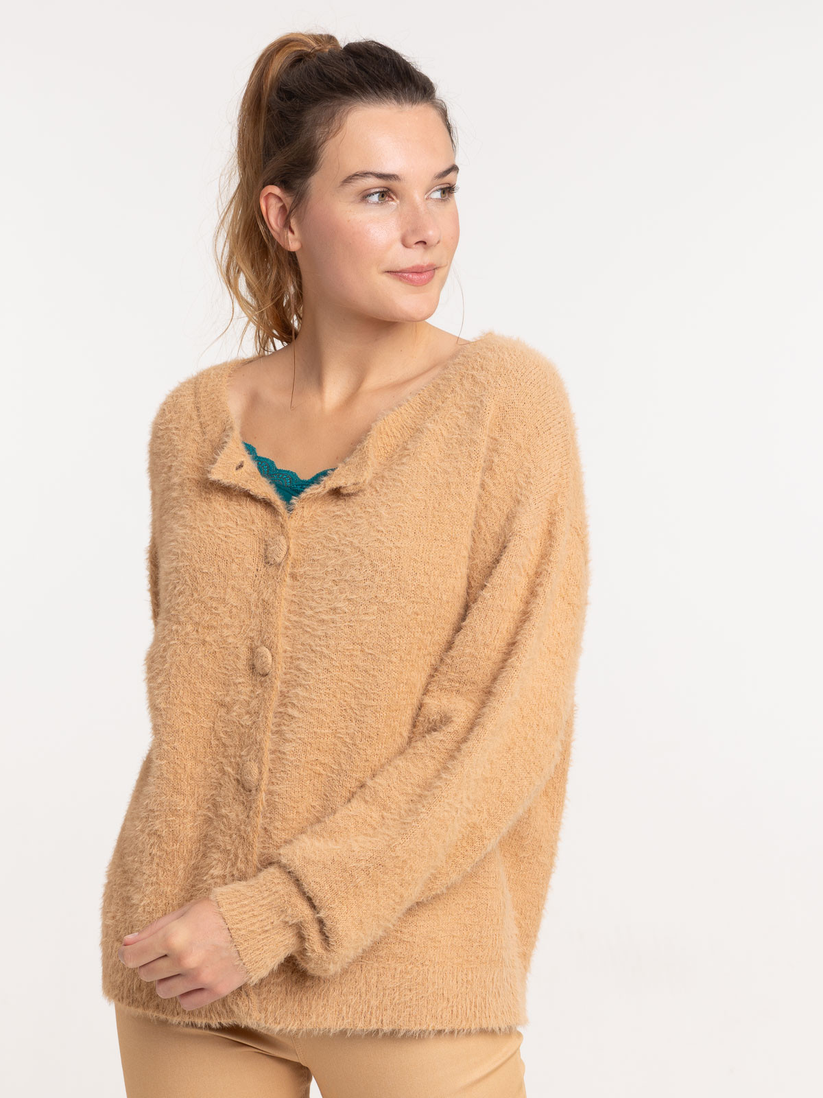 Gilet boutonné moka col rond femme