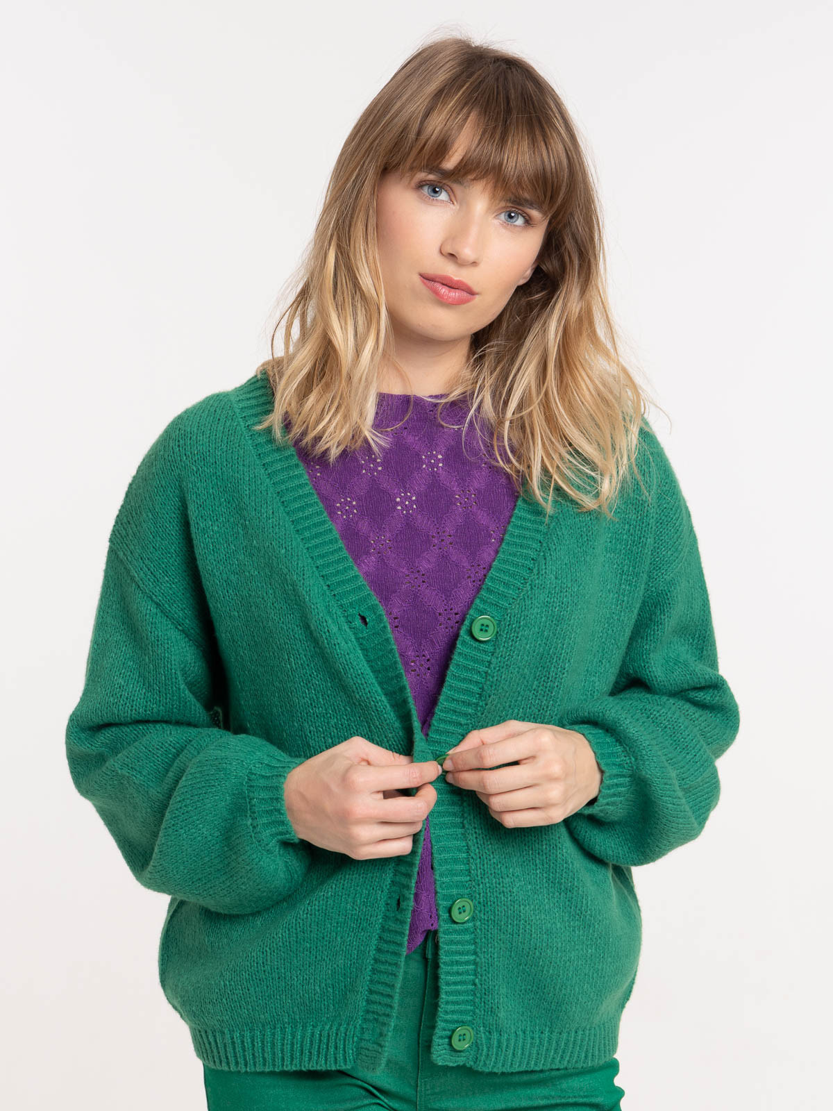 Gilet col V boutonné vert bosphore femme Gilet col V boutonné vert bosphore femme