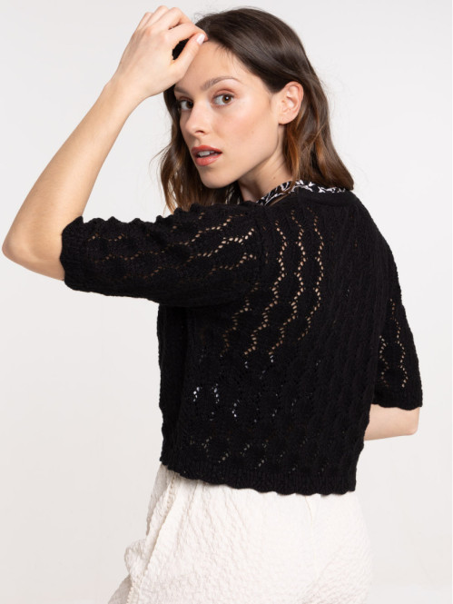 Gilet maille crochet noir femme