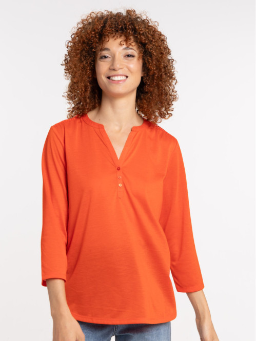 T-shirt col tunisien vermillon femme