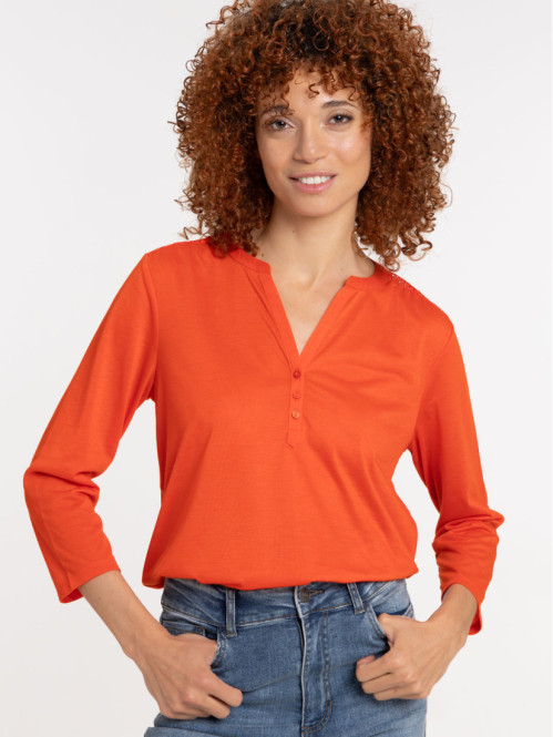 T-shirt col tunisien vermillon femme
