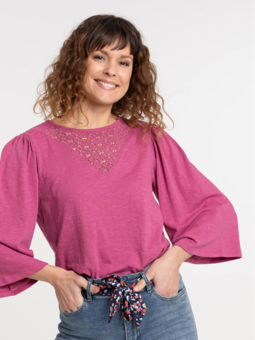 T-shirt aubergine dentelle macramé femme