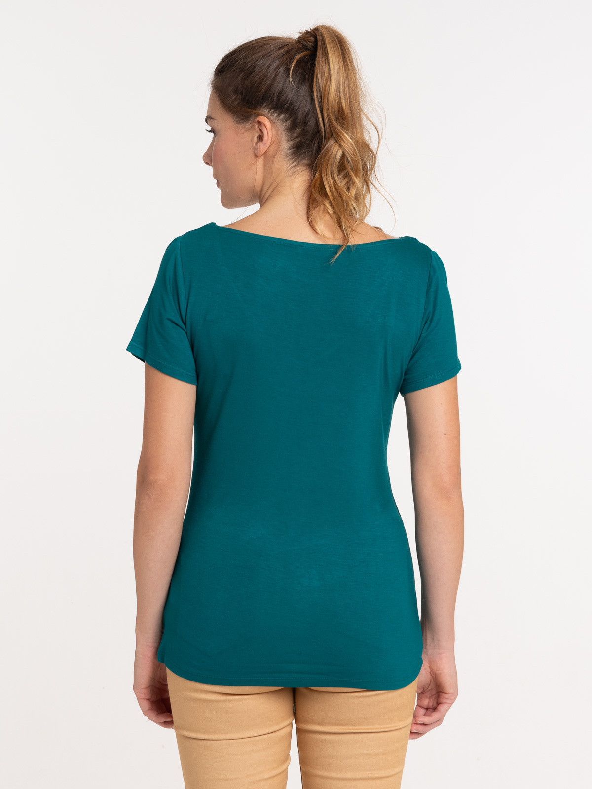 T-shirt col V dentelle émeraude femme