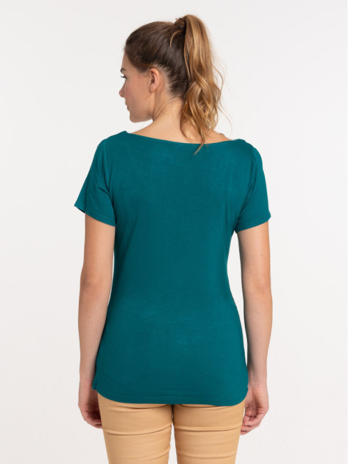 T-shirt col V dentelle émeraude femme