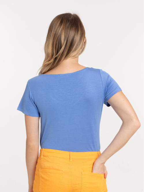 T-shirt col V dentelle bleu moyen femme T-shirt col V dentelle bleu moyen femme