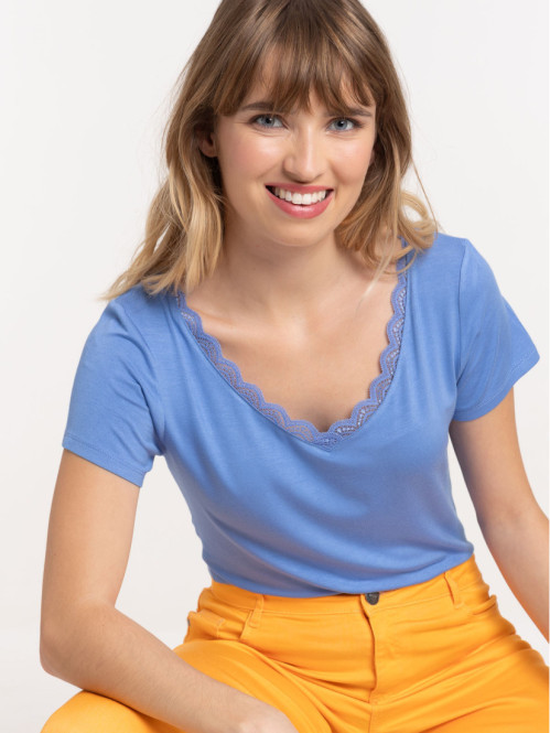 T-shirt col V dentelle bleu moyen femme
