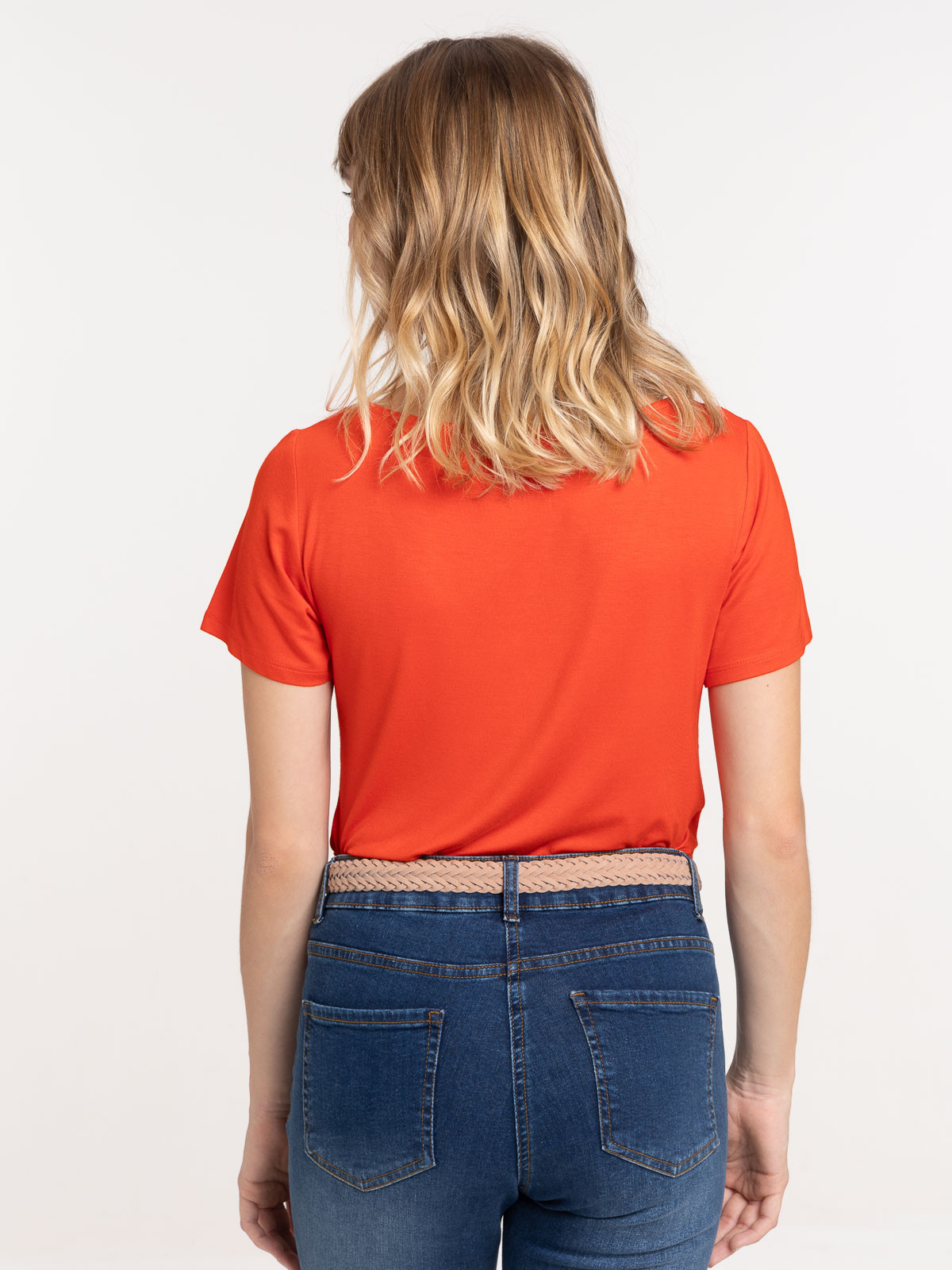 T-shirt col V dentelle vermillon femme