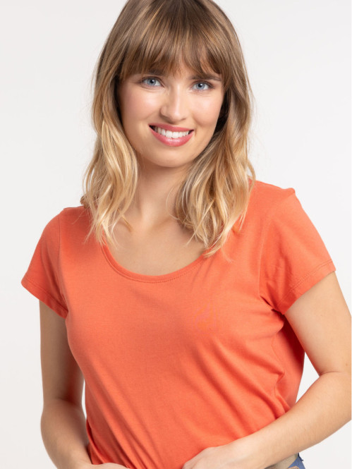 T-shirt col rond orange sienne femme
