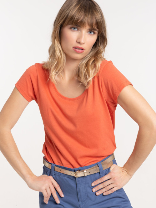 T-shirt col rond orange sienne femme