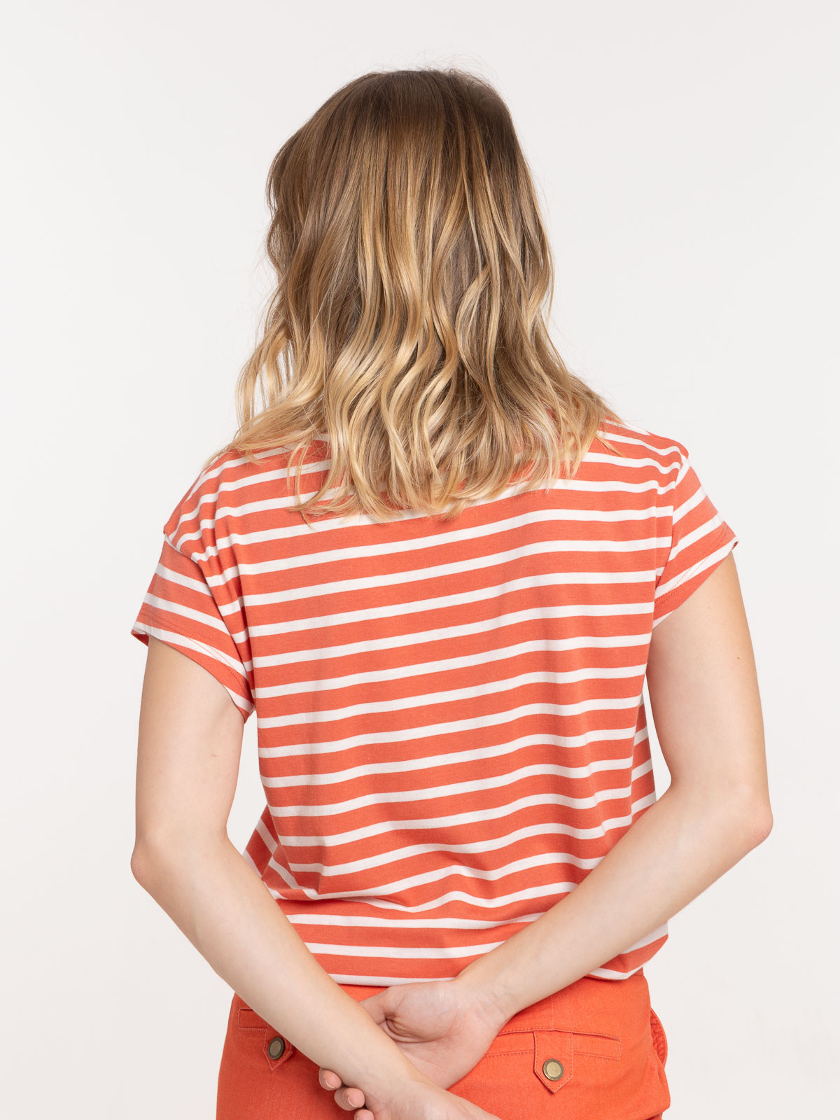 T-shirt rayé orange sienne et ecru femme