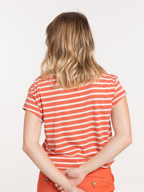 T-shirt rayé orange sienne et ecru femme