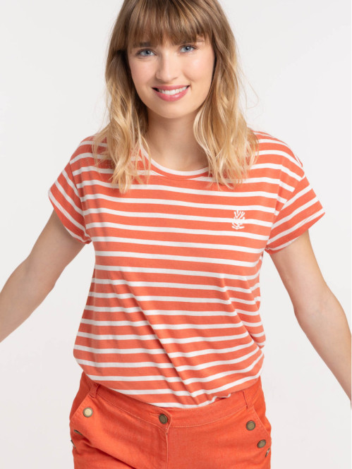 T-shirt rayé orange sienne et ecru femme