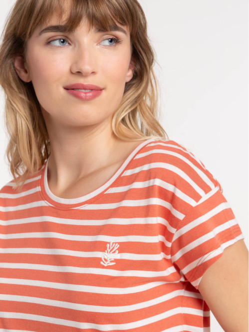 T-shirt rayé orange sienne et ecru femme