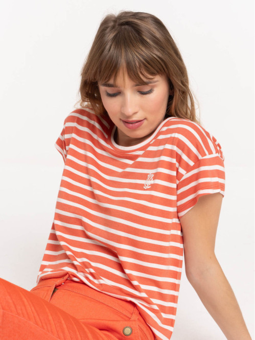 T-shirt rayé orange sienne et ecru femme