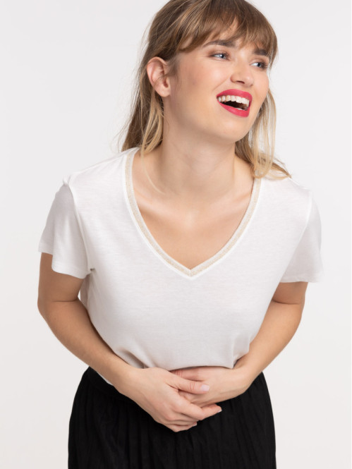 T-shirt col V écru femme