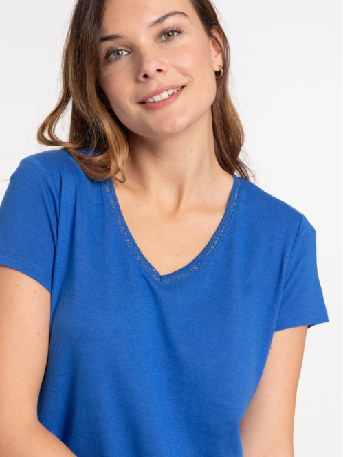 T-shirt col V cobalt femme