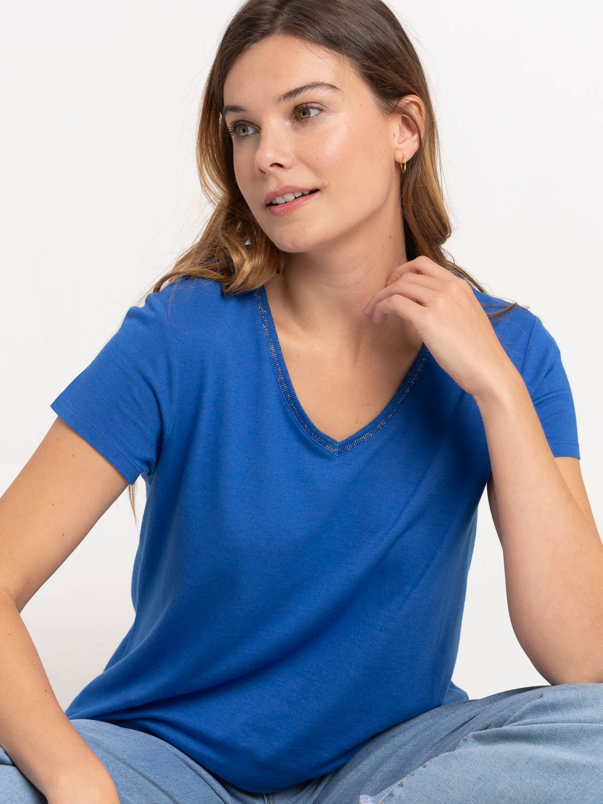 T-shirt col V cobalt femme