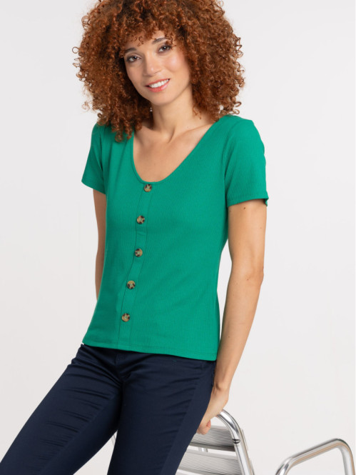T-shirt boutons vert bosphore femme