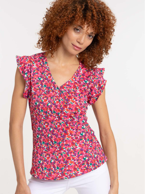 T-shirt fleuri col V croisé femme