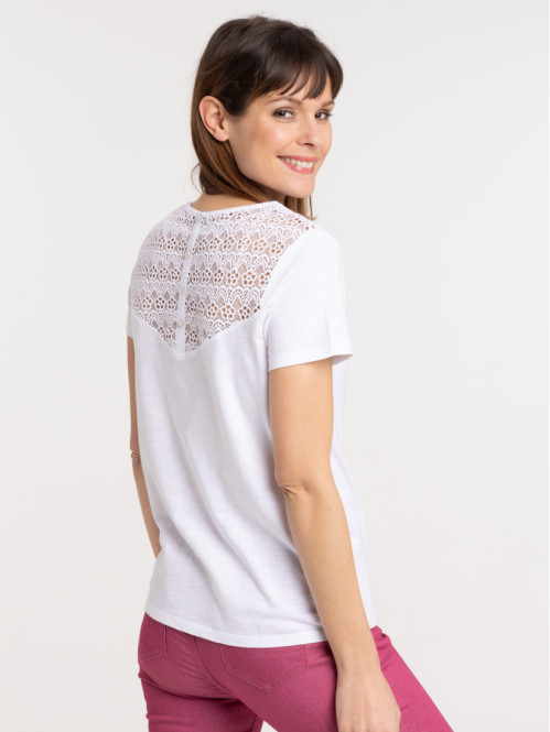 T-shirt blanc dentelle macramé femme