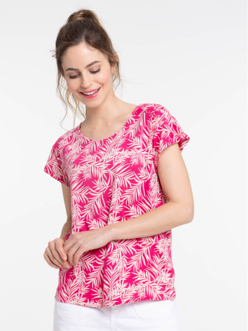 Tee-shirt motif végétal fushia femme