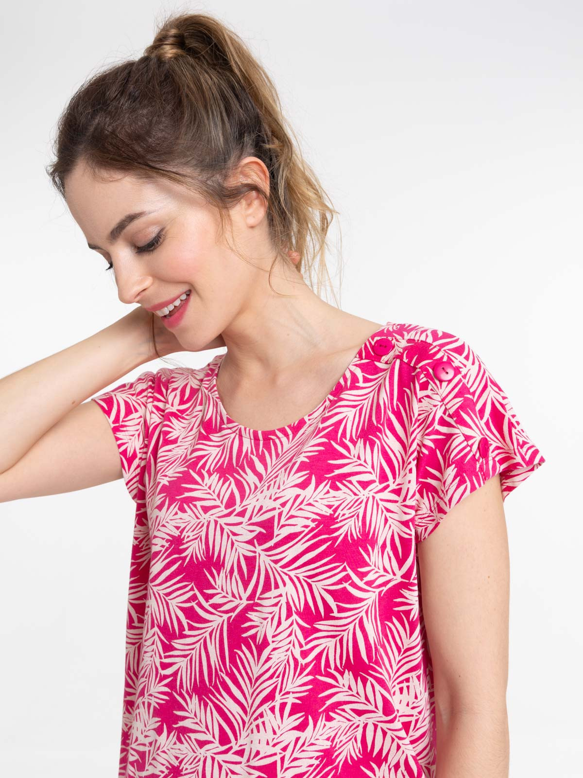Tee-shirt motif végétal fushia femme