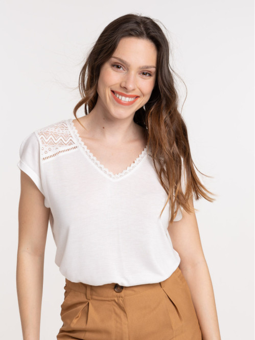 Tee-shirt écru détail dentelle femme