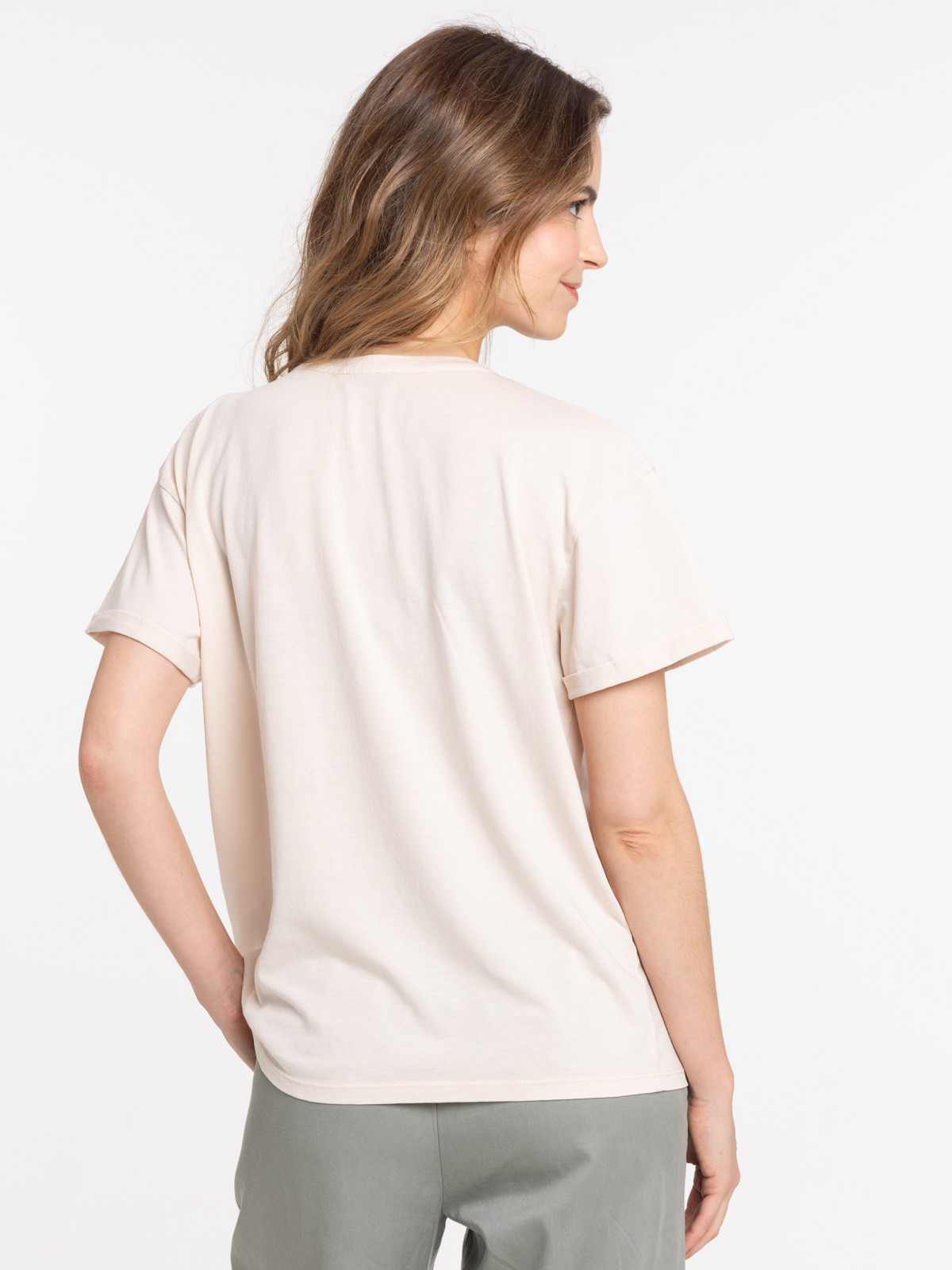 T-shirt beige grisé motif devant femme T-shirt beige grisé motif devant femme