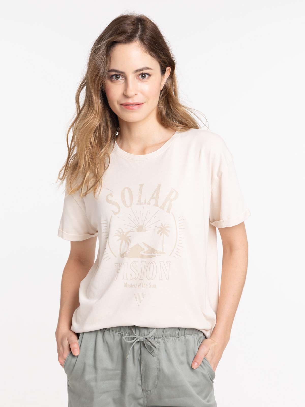 T-shirt beige grisé motif devant femme T-shirt beige grisé motif devant femme