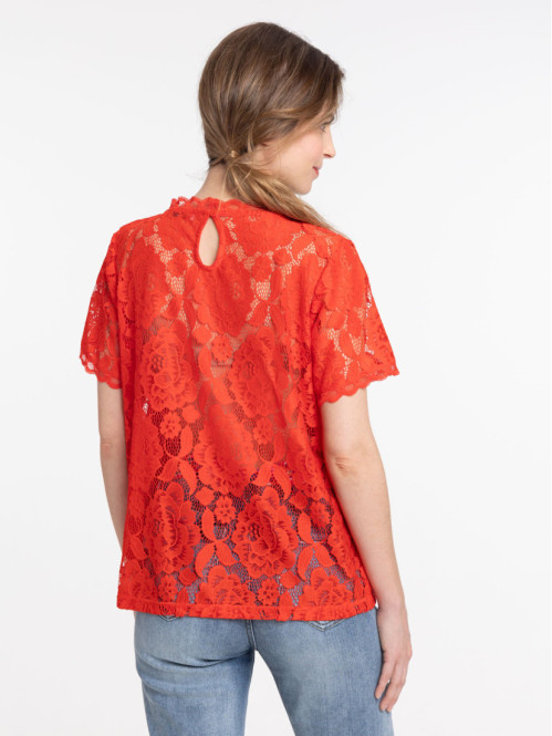 T-shirt dentelle vermillon femme