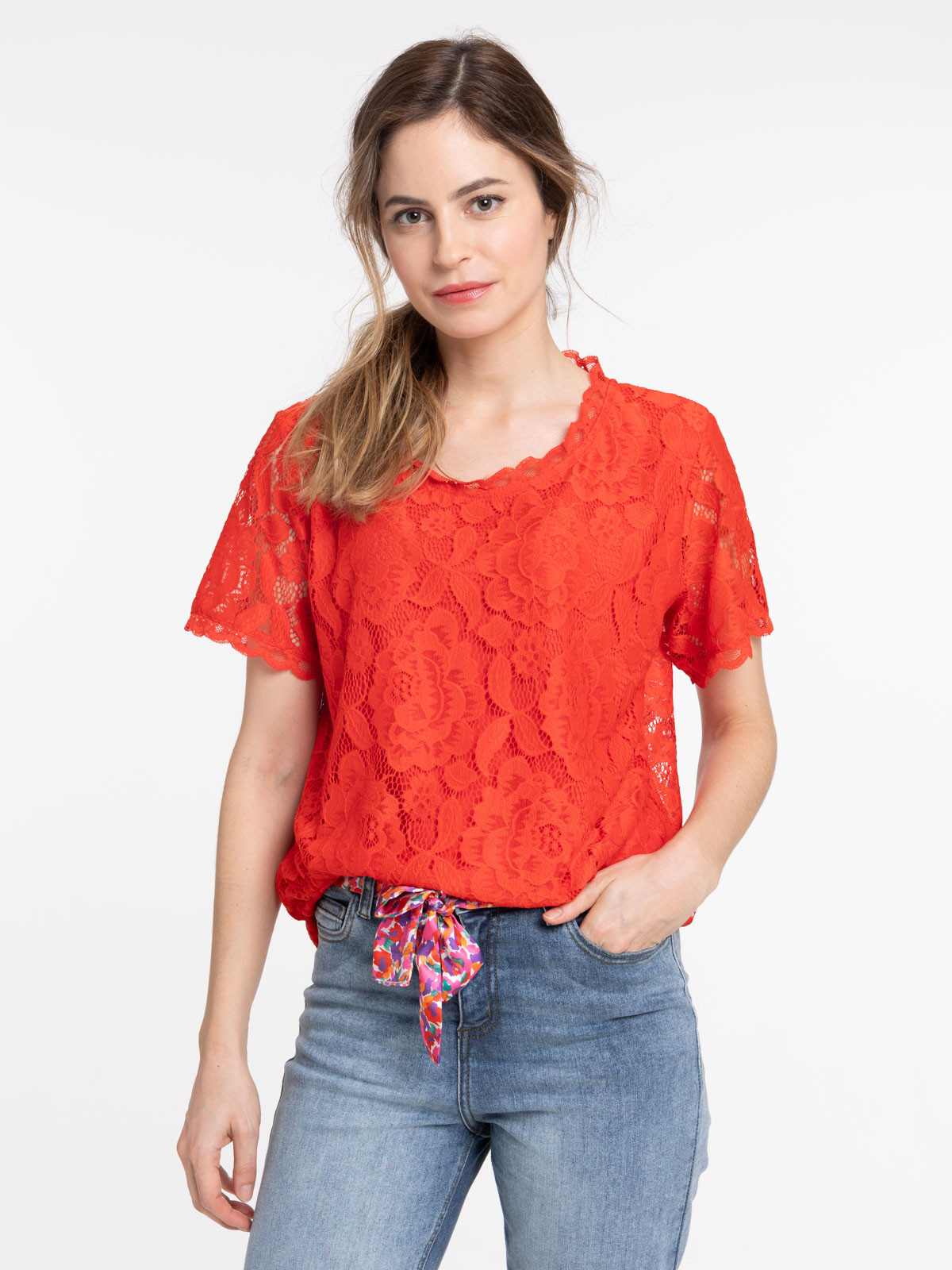 T-shirt dentelle vermillon femme