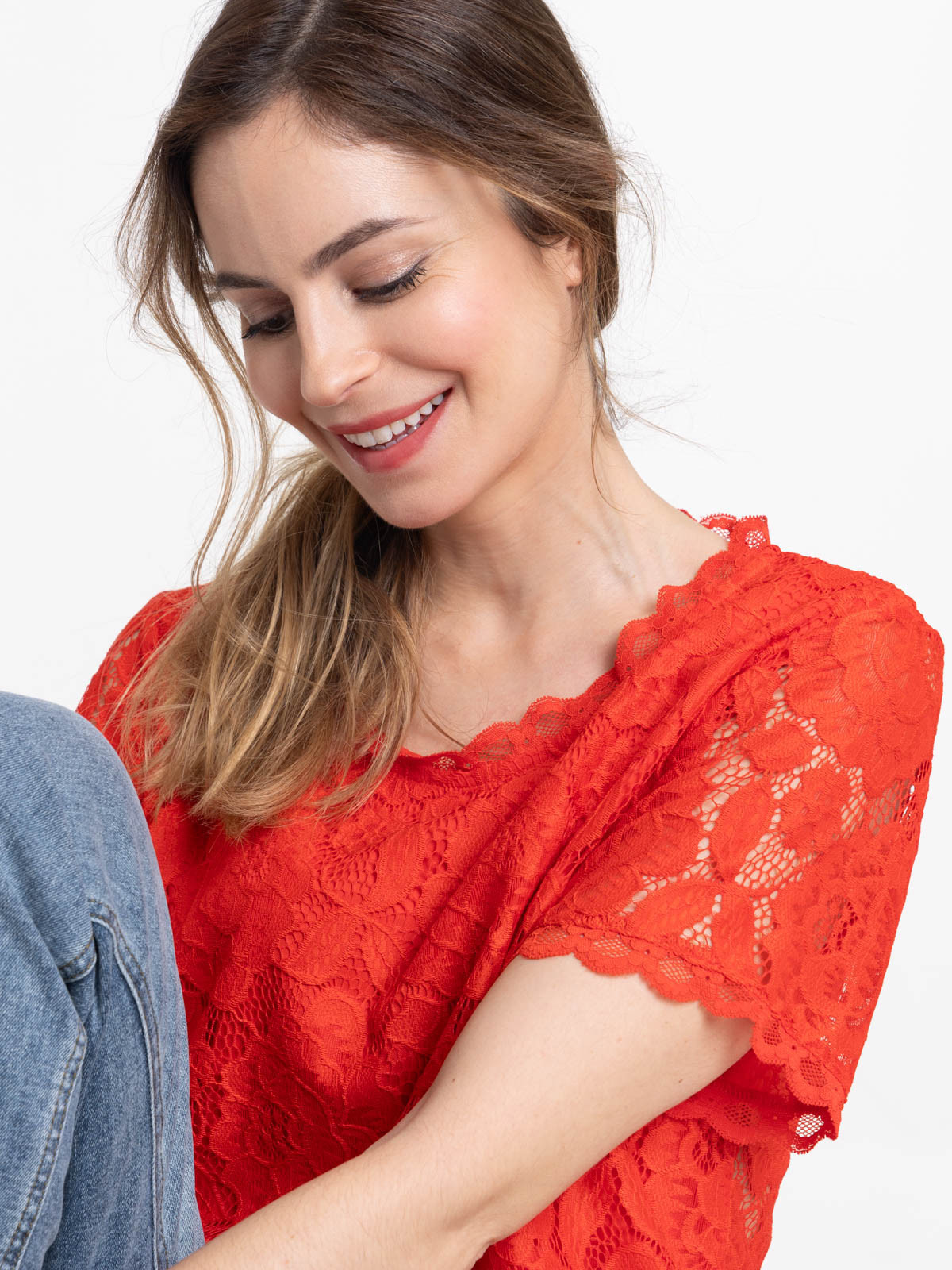 T-shirt dentelle vermillon femme
