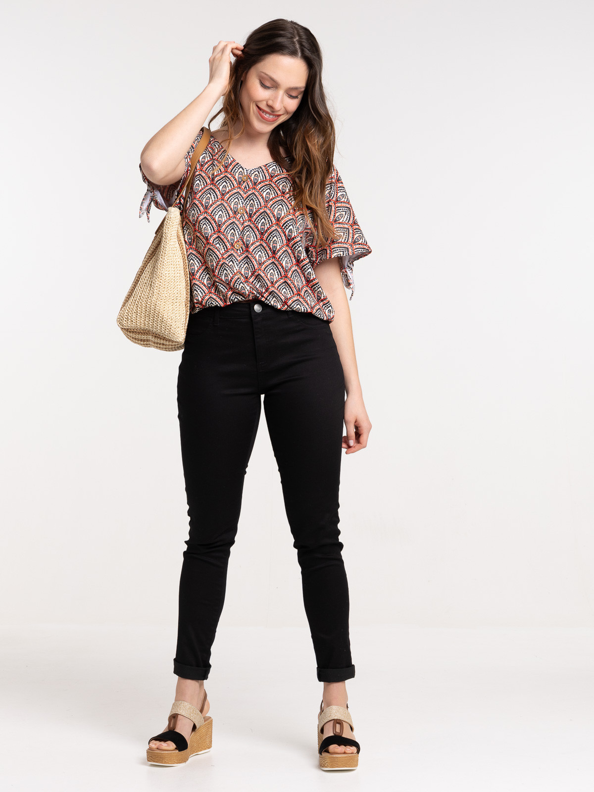 T-shirt col V imprimé ethnique femme