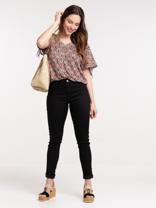 T-shirt col V imprimé ethnique femme