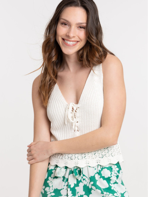 Débardeur écru maille crochet femme