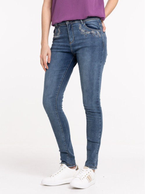 Jean skinny push up avec broderies femme