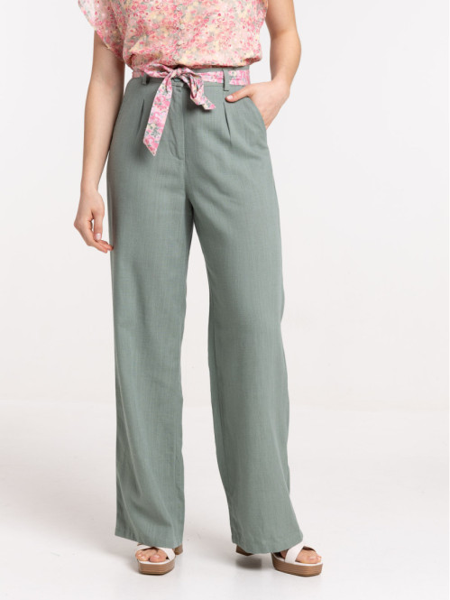 Pantalon large ceinture fleurie femme