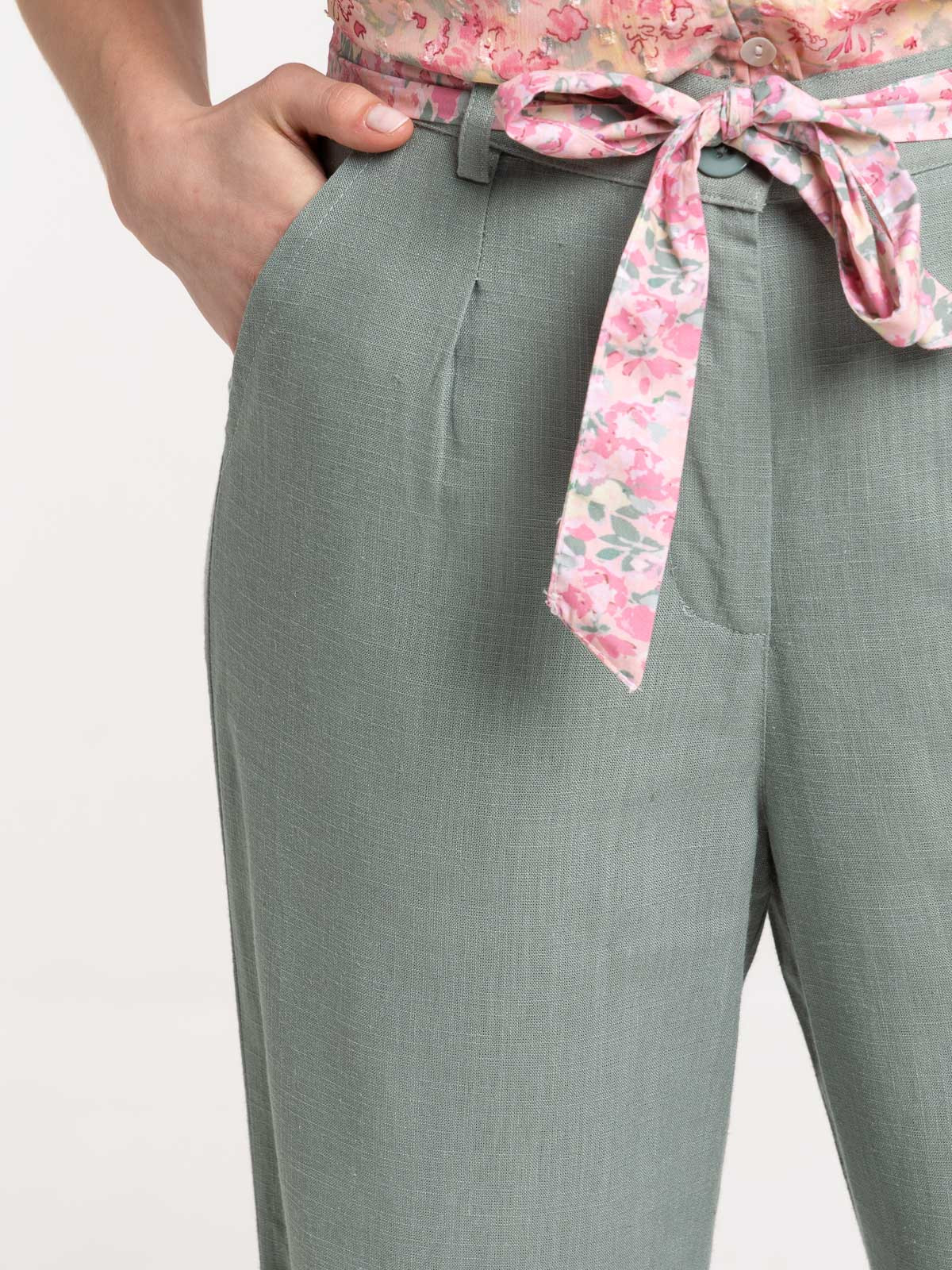 Pantalon large ceinture fleurie femme