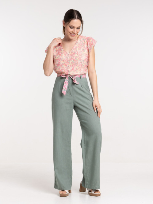 Pantalon large ceinture fleurie femme
