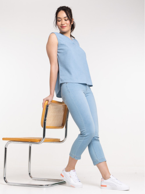 Pantacourt denim bleached femme