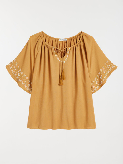 Blouse brodée coloris tabac femme