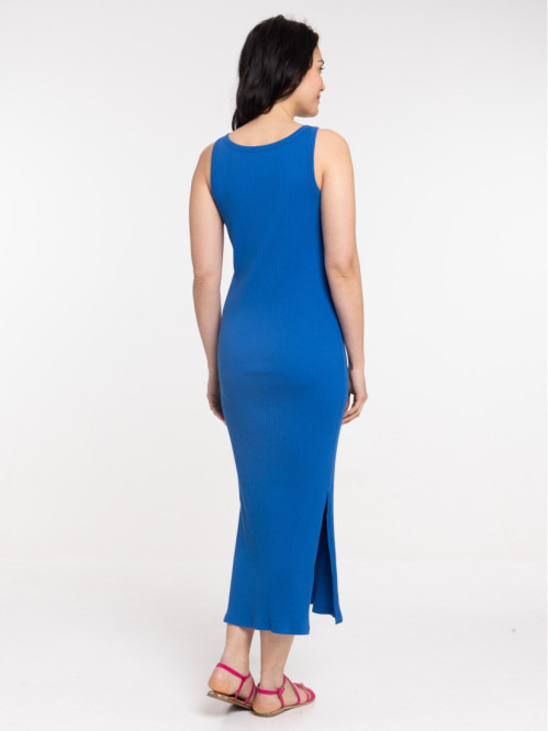 Robe longue côtelée cobalt femme