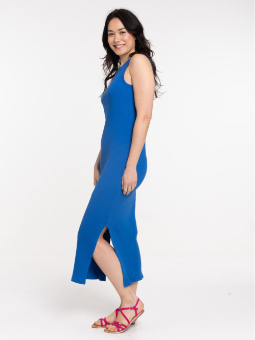 Robe longue côtelée cobalt femme