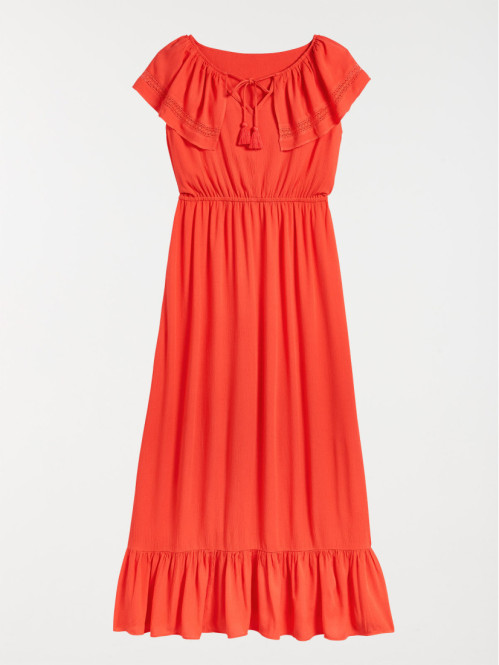 Robe longue col volanté femme