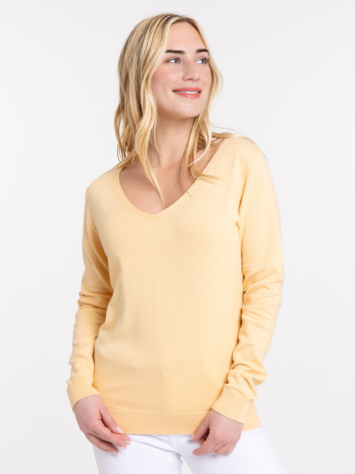 Pull col V soft yellow femme