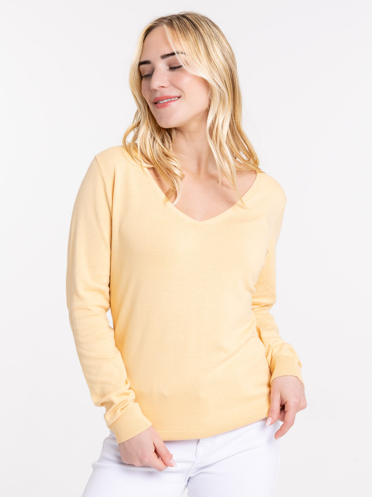 Pull col V soft yellow femme