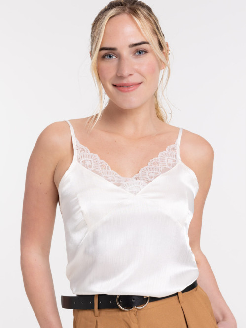 Top col V dentelle satiné femme