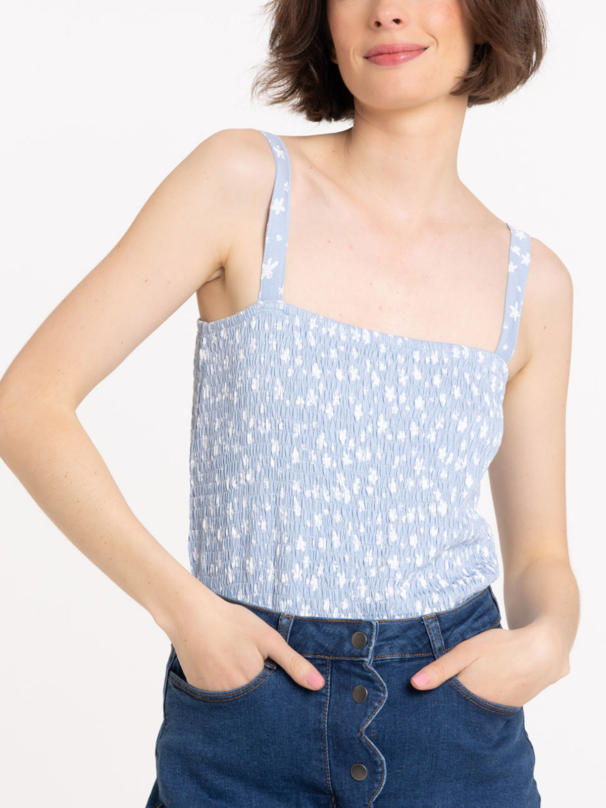 Débardeur smocké ciel blue femme